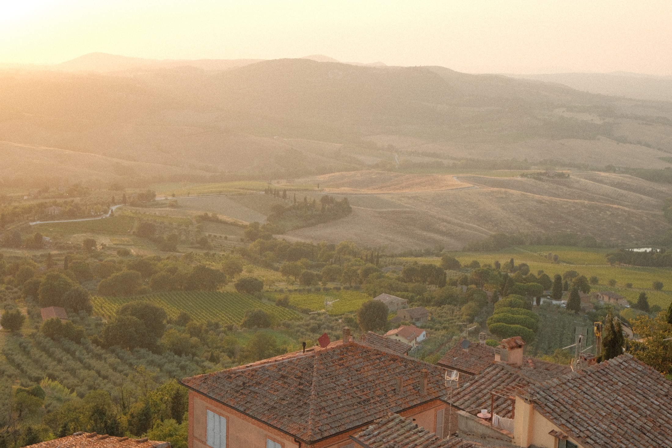 Evening light across the hills, vineyards and terracotta rooftops of Montepulciano, Italy