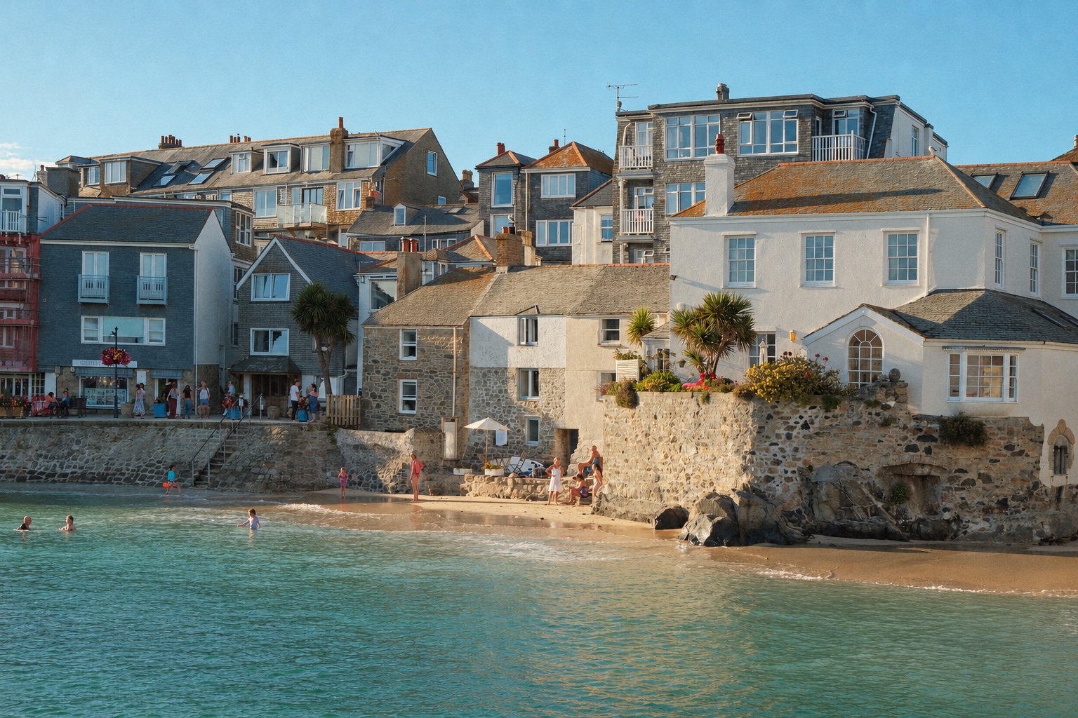 Seafront cottages and swimmers in the clear water at St Ives, England