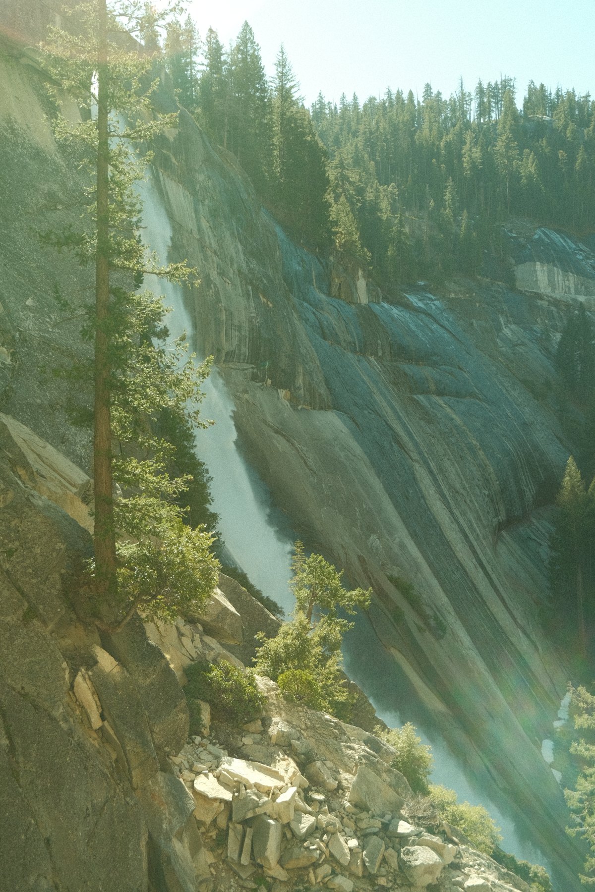 A waterfall descending over granite cliffs among pine trees in Yosemite National Park